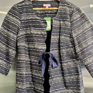 NWT Lilly Pulitzer XL navy and gold tweed jacket w ribbon tie. Scalloped edges.